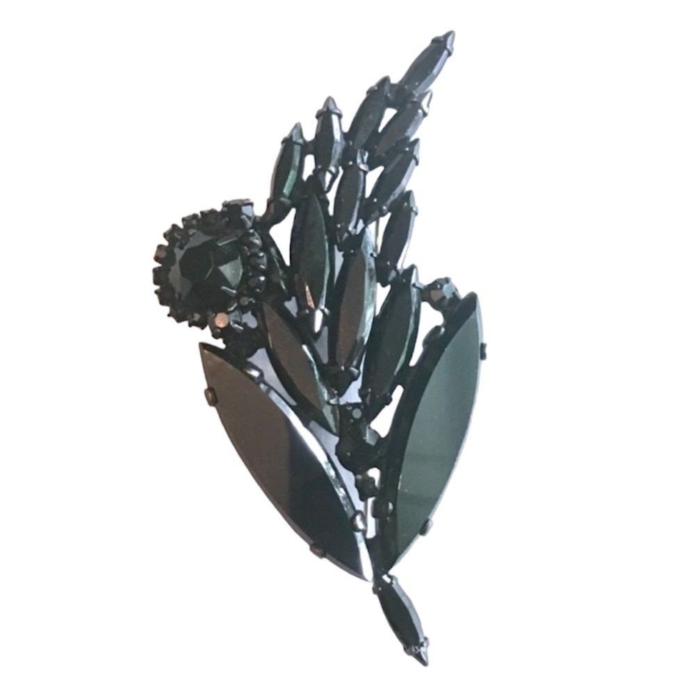 Vintage 60s Japanned Black Flower Brooch Rhinestone Pin